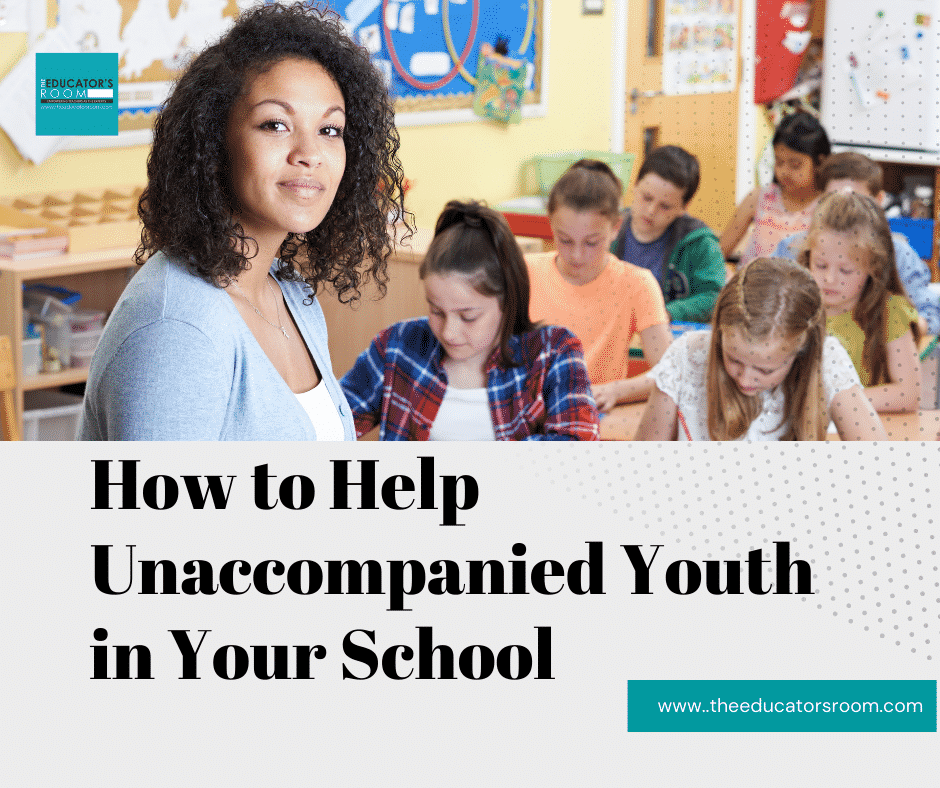 Picture of woman with brown skin smiling in front of student working. Text says: how to help unaccompanied youth in your school